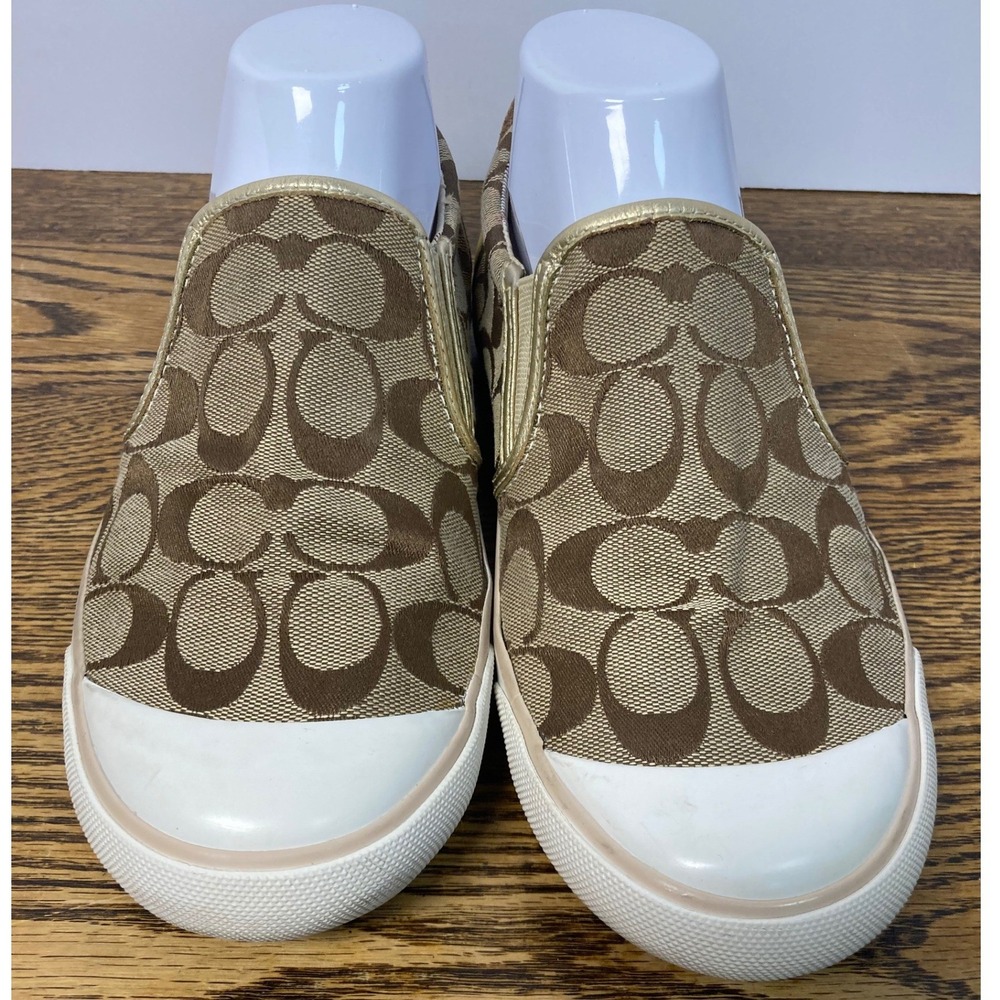Coach Beale Signature Monogram Slip On Sneakers Khaki  Gold Q376 Womens 8.5 B